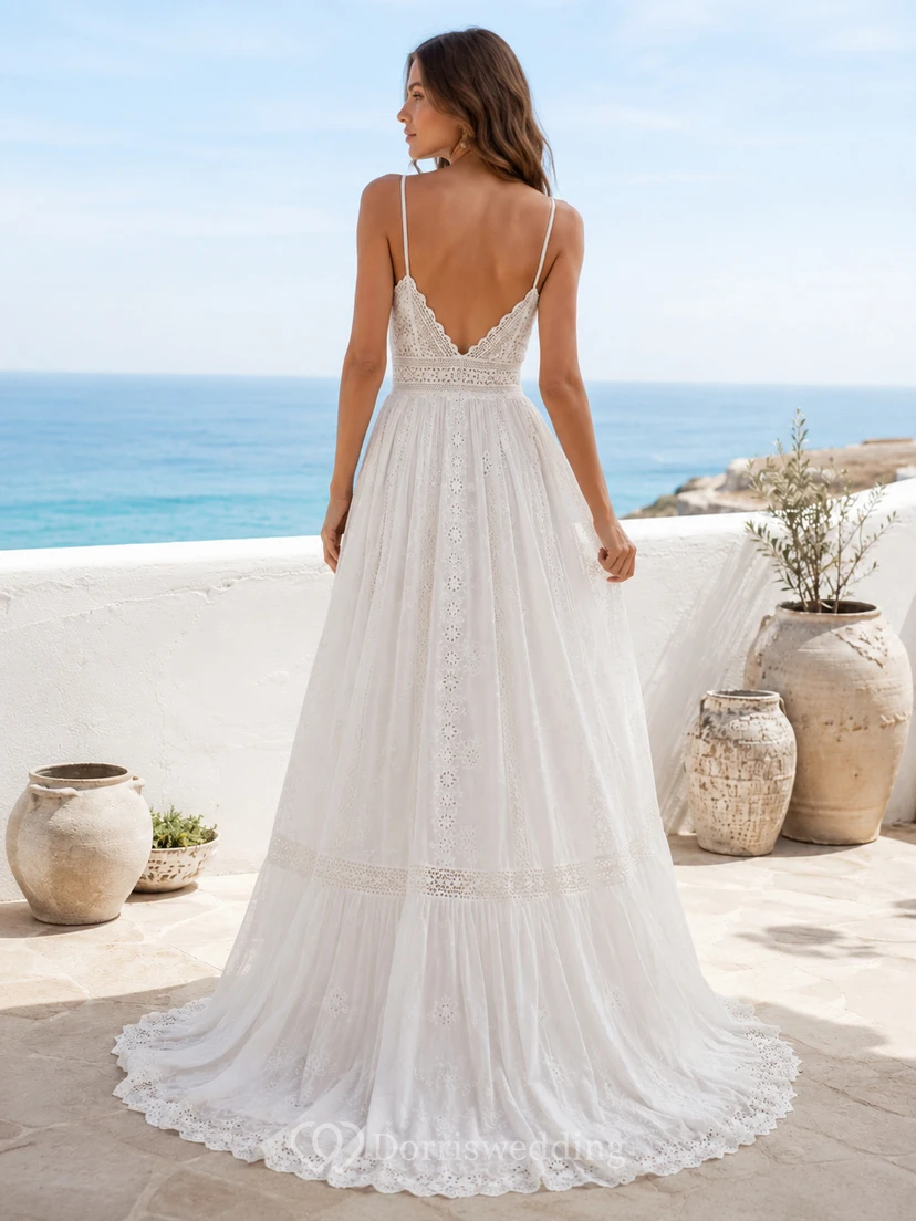 Boho Adlib A Line Spaghetti Deep V Lace Train Wedding Dress view 2