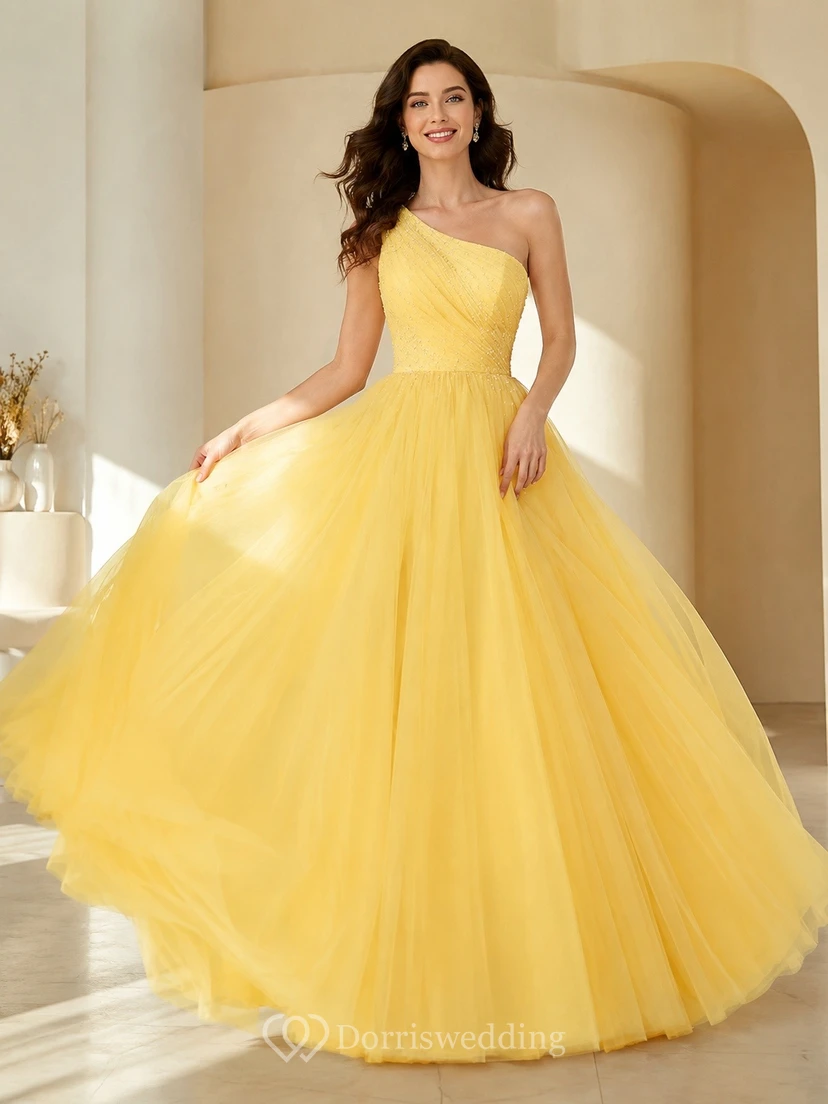 Yellow Satin Strapless Sweetheart A-Line Ball Gown Formal Dress