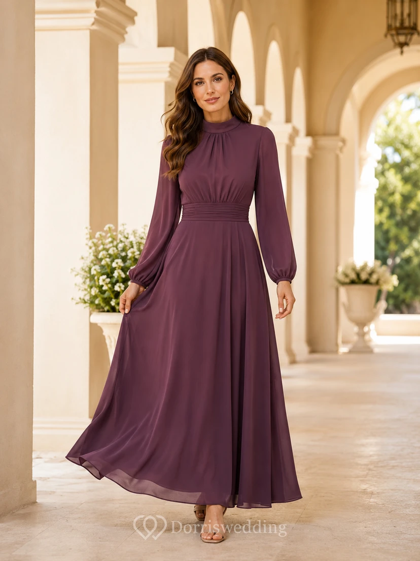 Plum Modest High Neck Long Sleeve Chiffon Floor Length A Line Dress