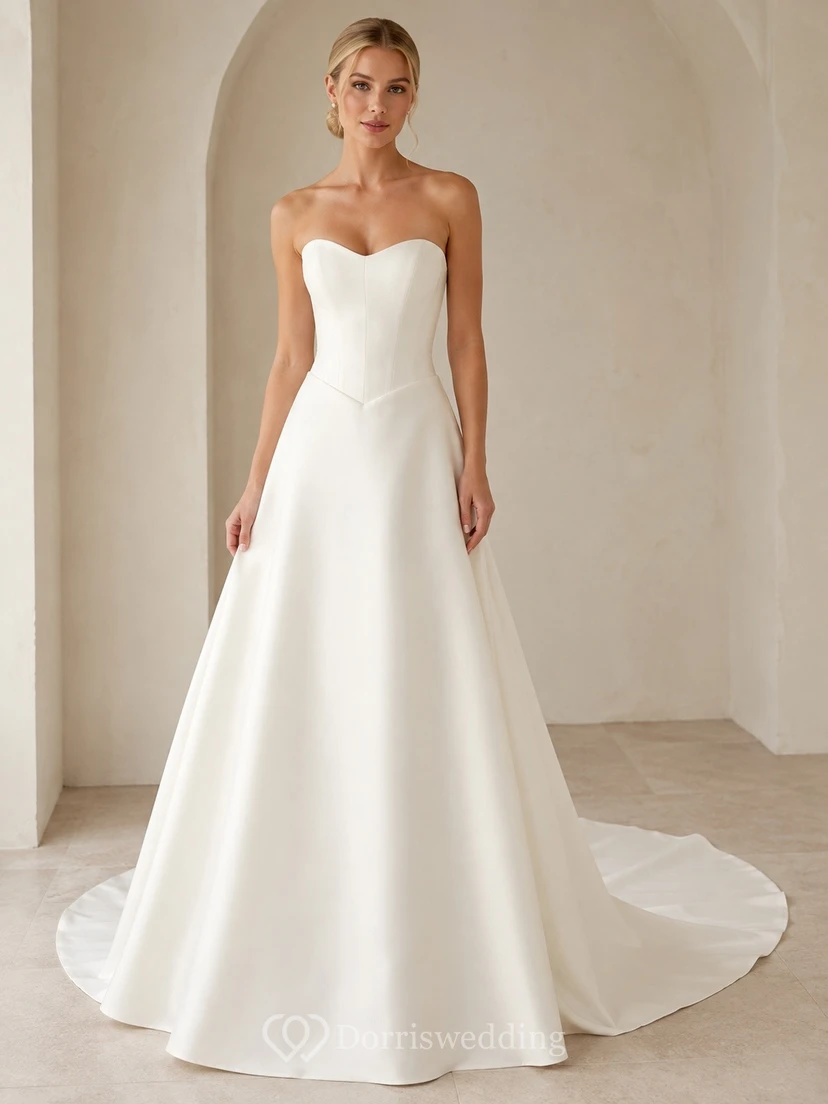 Vestido de novia sencillo, sin tirantes, minimalista, de corte A y cintura vasca