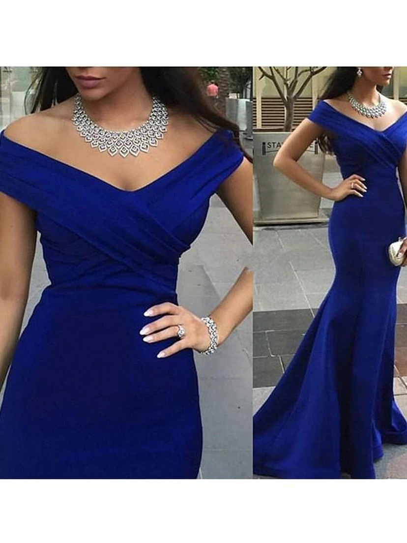 Vestidos de sirena sin mangas de satén con cola larga y escote Bardot