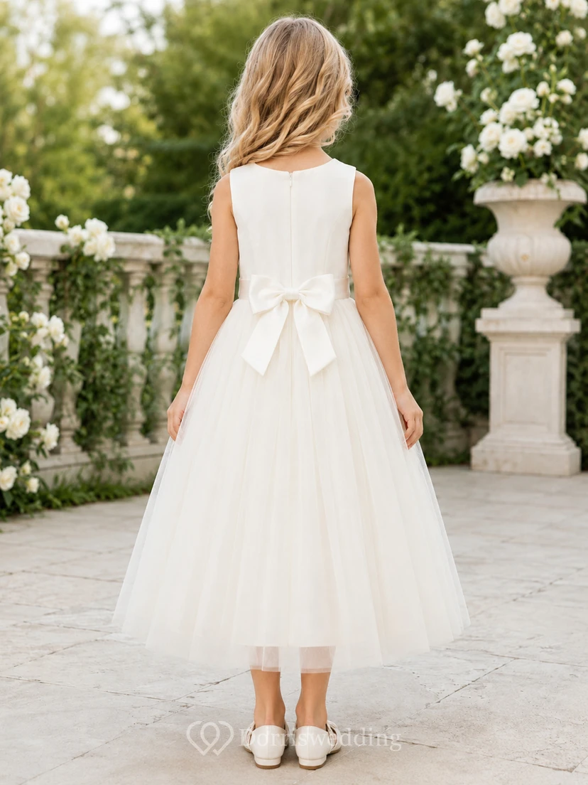 Bow Back Tulle A-Line Flower Girl Dress with Jewel Neck and Tea-Length Skirt view 2