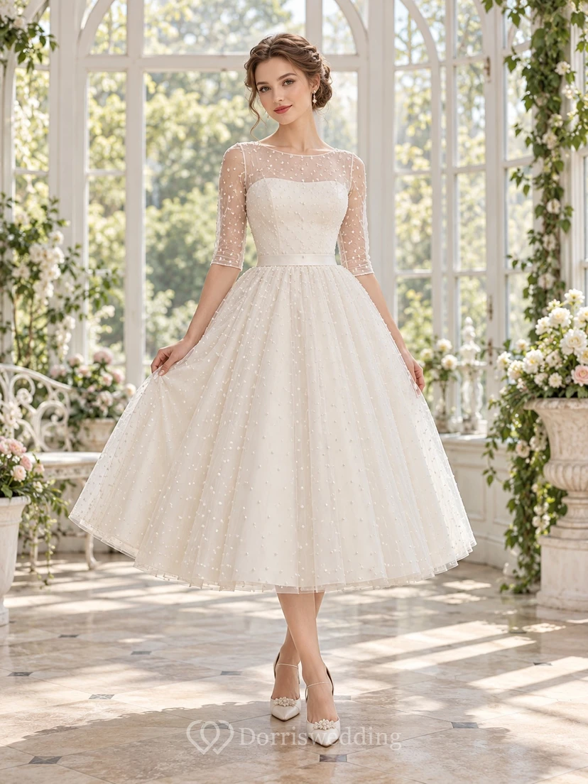 Vintage Tea-Length Bateau Elbow Sleeve Dotted Tulle Wedding Dress