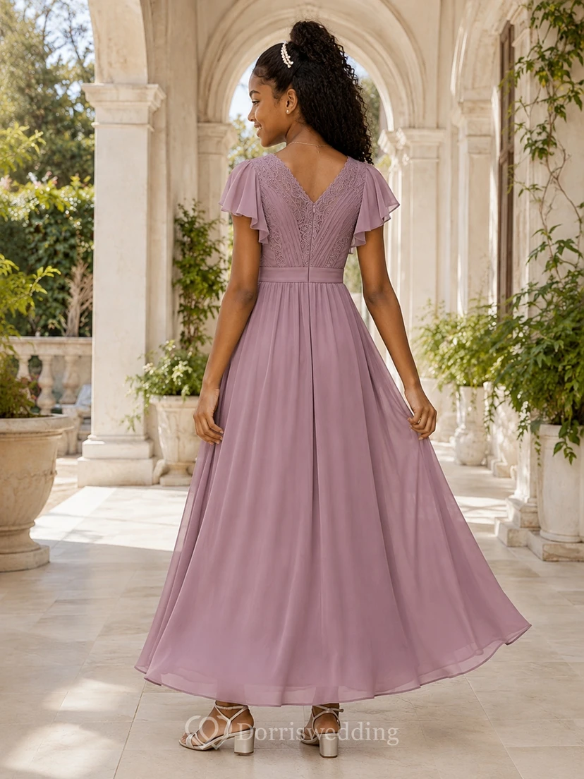 Vintage mauvefarbenes Chiffonkleid mit Glockenärmeln, V-Ausschnitt, A-Linie und bodenlanger Passform für junge Brautjungfern view 2