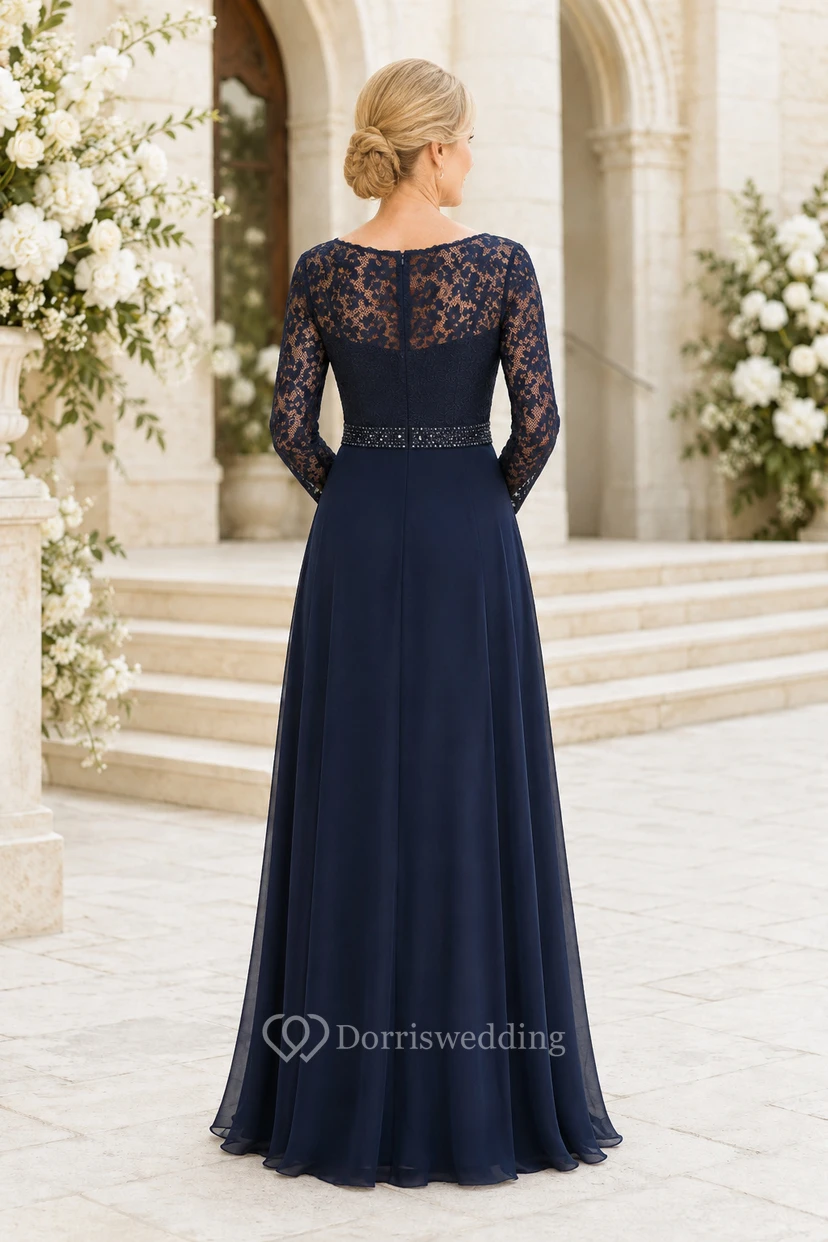 Dark Navy Lace Bodice Chiffon A-Line Mother Dress and Long Sleeves view 2