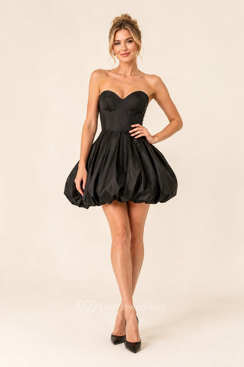 Vestido de cóctel negro de satén, corte A, sin tirantes, escote corazón, minivestido