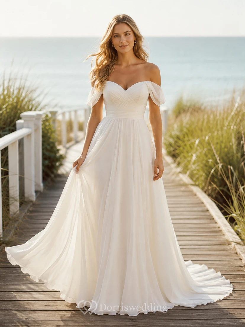 Beach Chiffon Tulle Wedding Dress A-Line Off Shoulder Sweep Train Bridal Gown