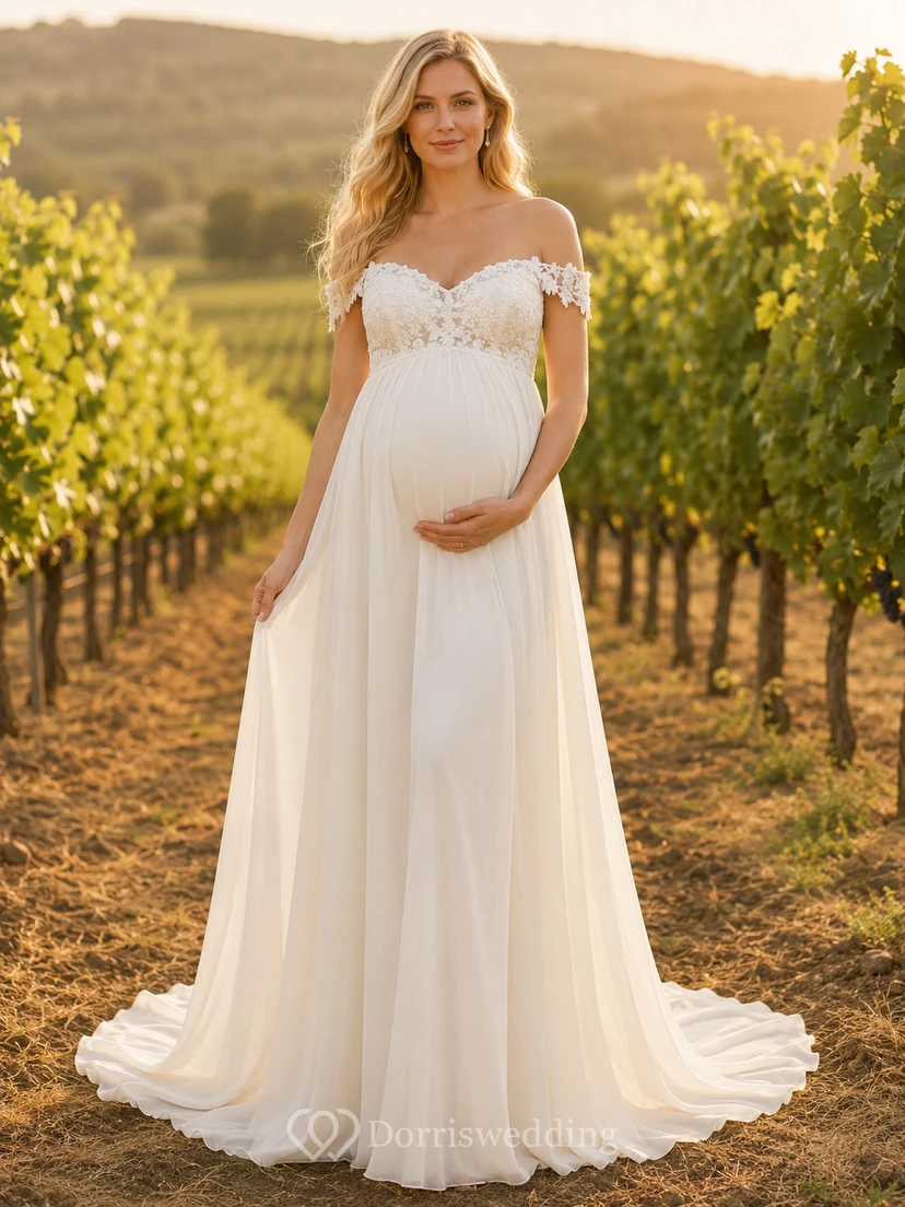 Maternity Wedding Dress Off-the-Shoulder Lace Bodice Vineyard Bridal Gown with Sweep Train