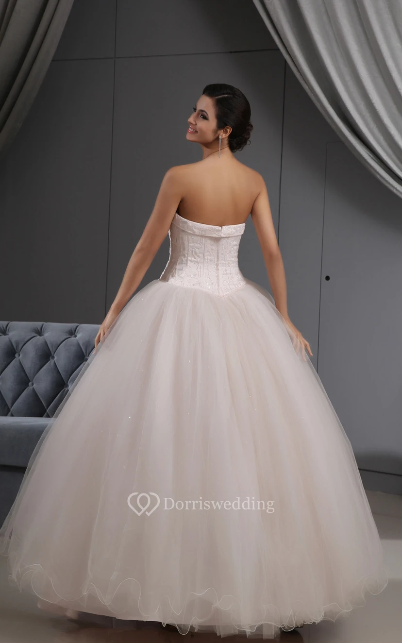 Blushing Pink A-Line Ball Gown With Embroideried Bodice and Tulle Overlay view 5