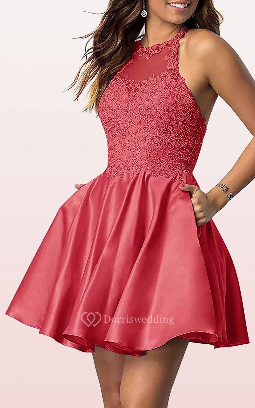 Robe de bal simple mini trapèze sans manches en satin et dentelle avec appliques view 11