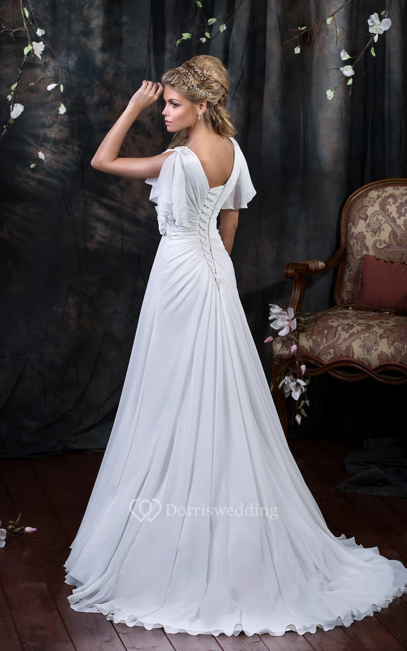 A-Line Floor-Length V-Neck Poet-Sleeve Corset-Back Chiffon Dress With Side Draping And Flower view 2