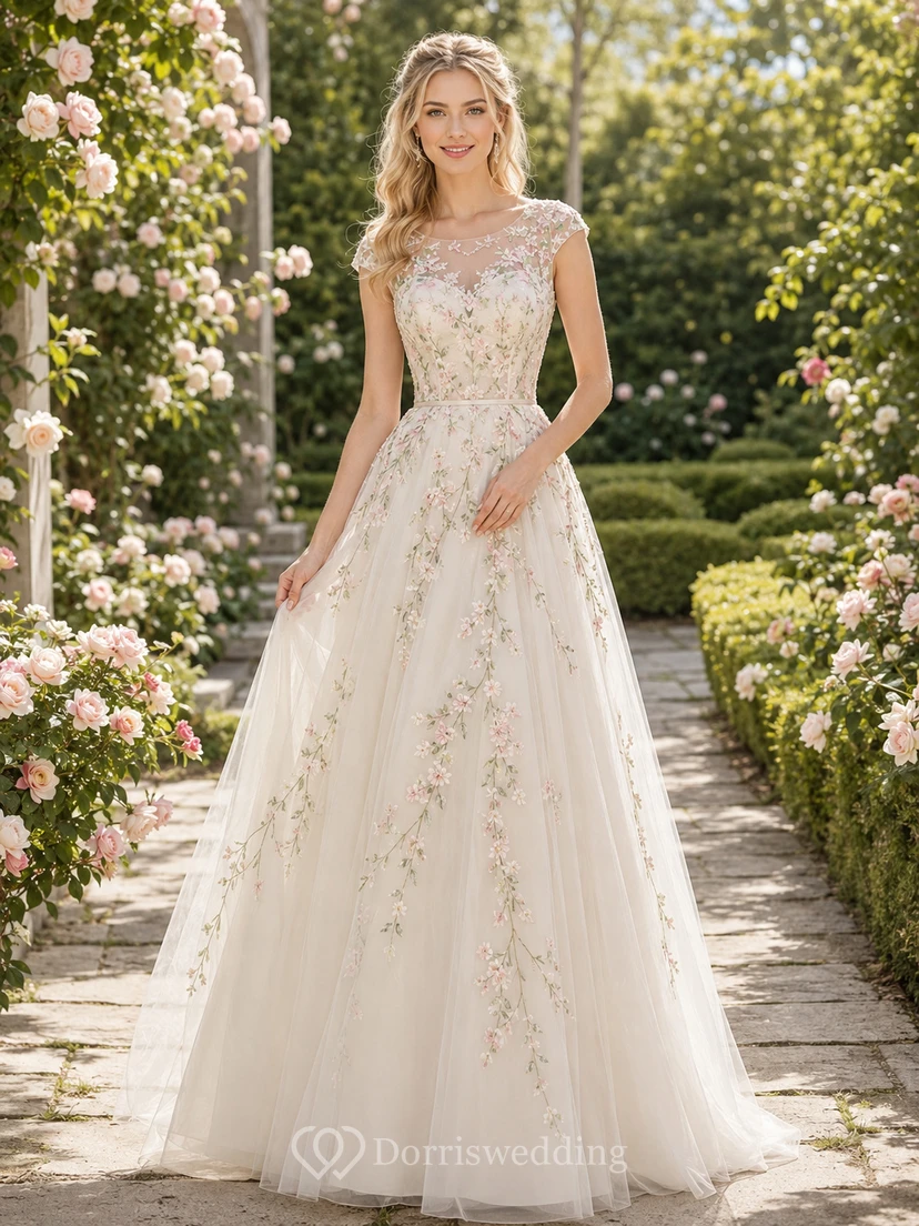 Brautkleid aus besticktem Tüll mit floralem Gartenmuster, kurzen Ärmeln und A-Linien-Schnitt