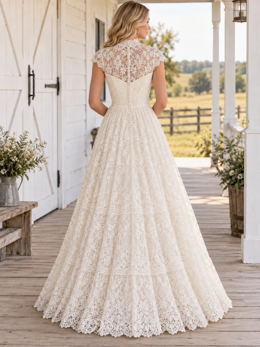 Country Boho High Neck A-Line Lace Wedding Dress with Cap Sleeves and Banded Skirt view 2