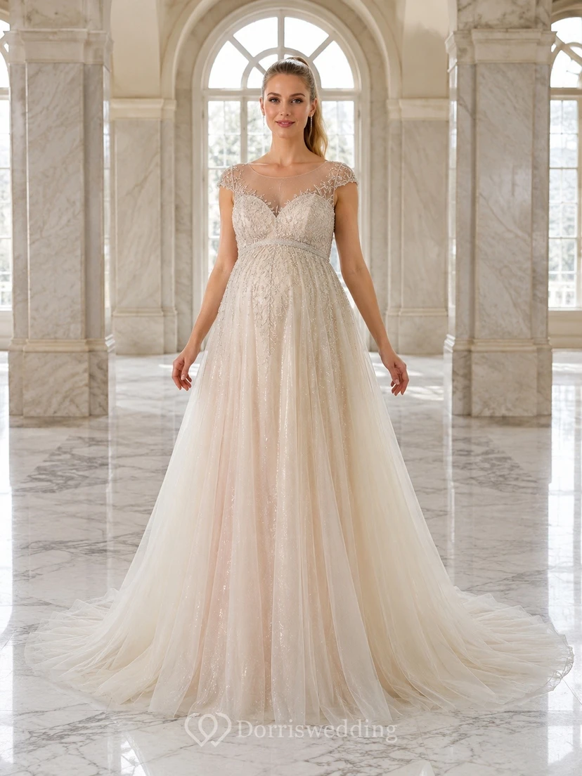 Vestido de novia/maternidad sencillo sin mangas de tul con tirantes y corte imperio con cola larga