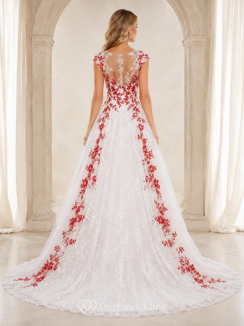 Brautkleid aus rotem, floralem Spitzenstoff, V-Ausschnitt, kurzen Ärmeln, Tüll, A-Linie und Kapellenschleppe view 2