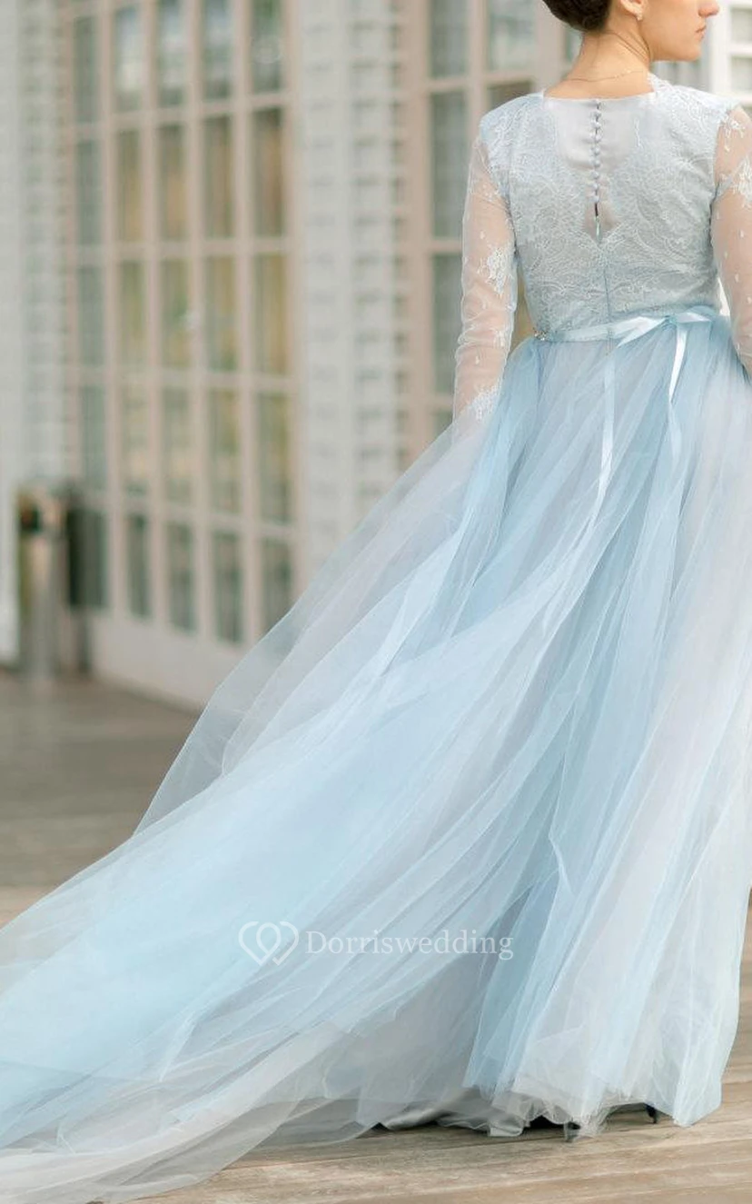 Vestido de novia de tul con corpiño de encaje y mangas de encaje Diseñadores de bodas Vestidos de novia grises separados Azul B ... view 2