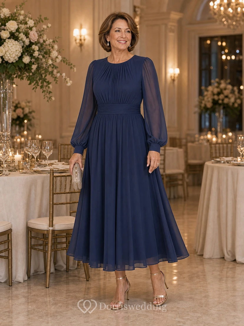 Jewel Neck Long Sleeve Chiffon Tea-Length Dress view 11