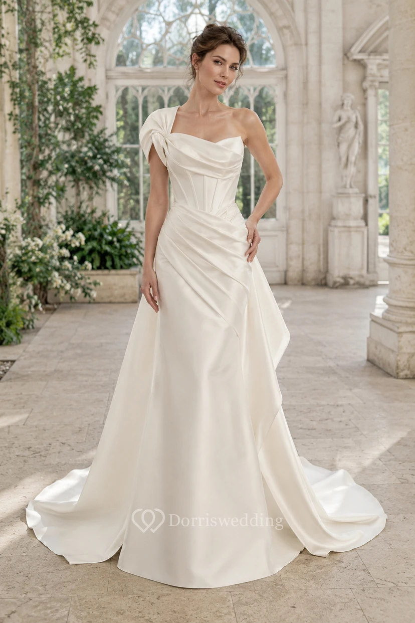 Robe de mariée fourreau en satin ivoire à une épaule avec drapé