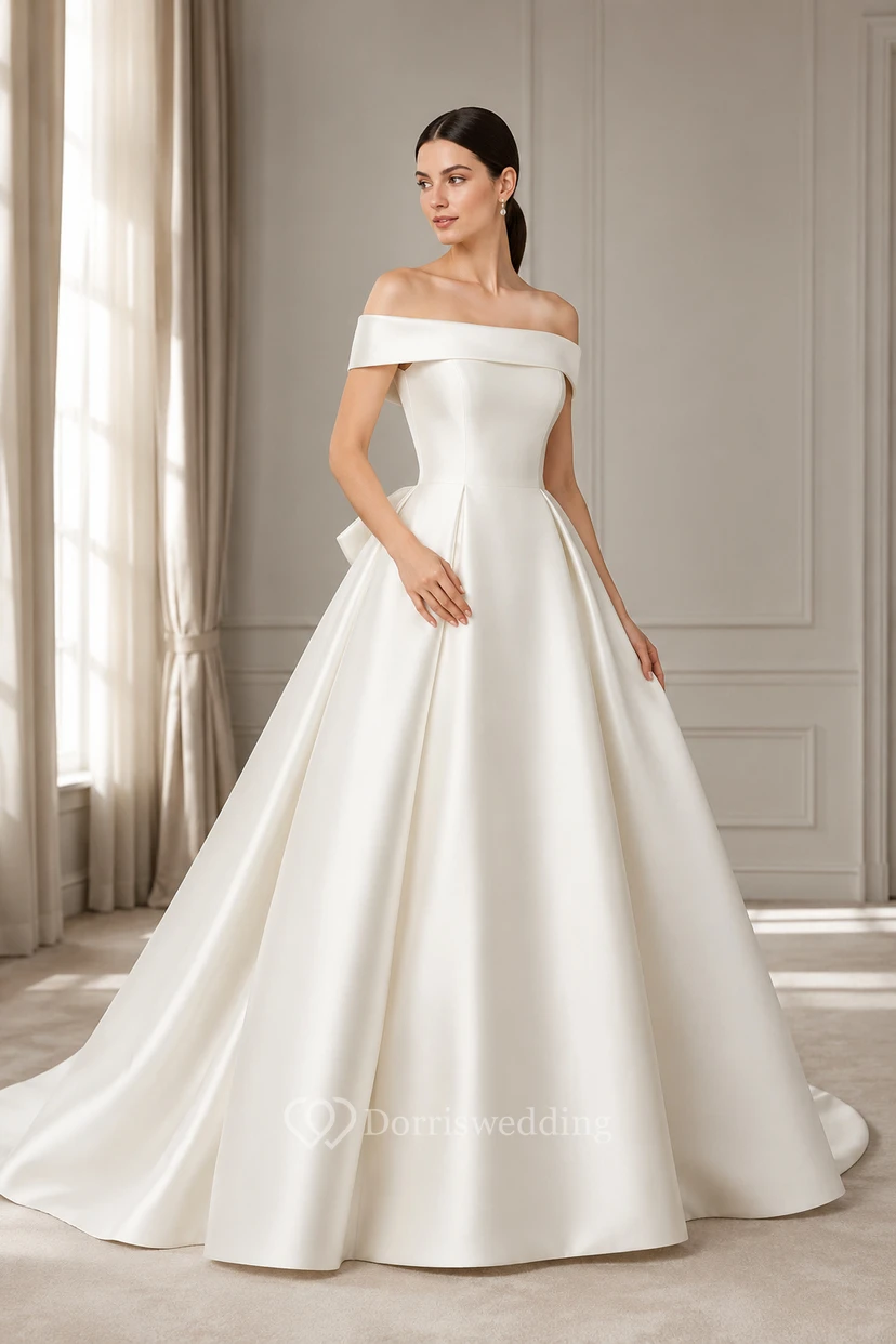 Wedding Ball Gown Satin Dress with Off-Shoulder Neckline and Back Bow Train