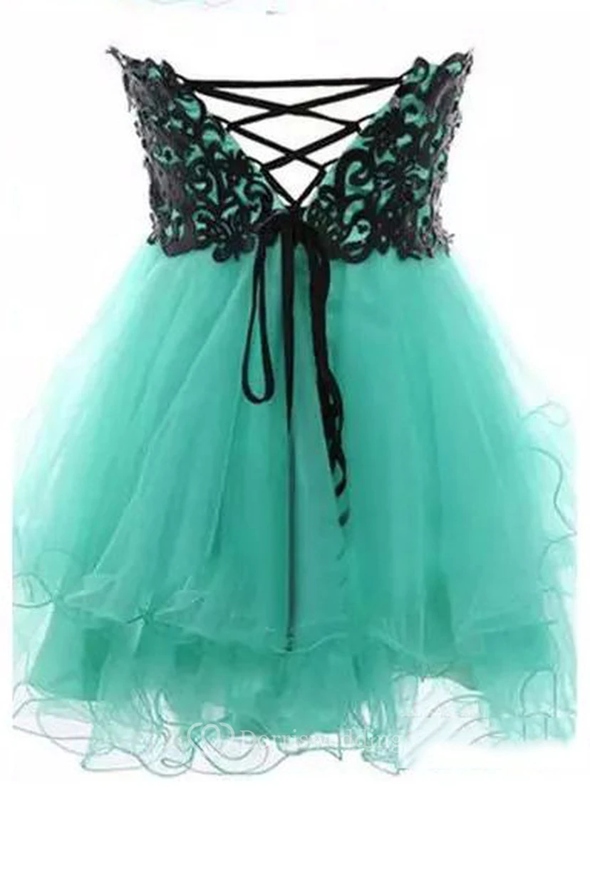 Ärmelloses, kurzes Mini-Abendkleid aus Spitze und Tüll in A-Linie mit herzförmigem Ausschnitt und Schnürung view 2