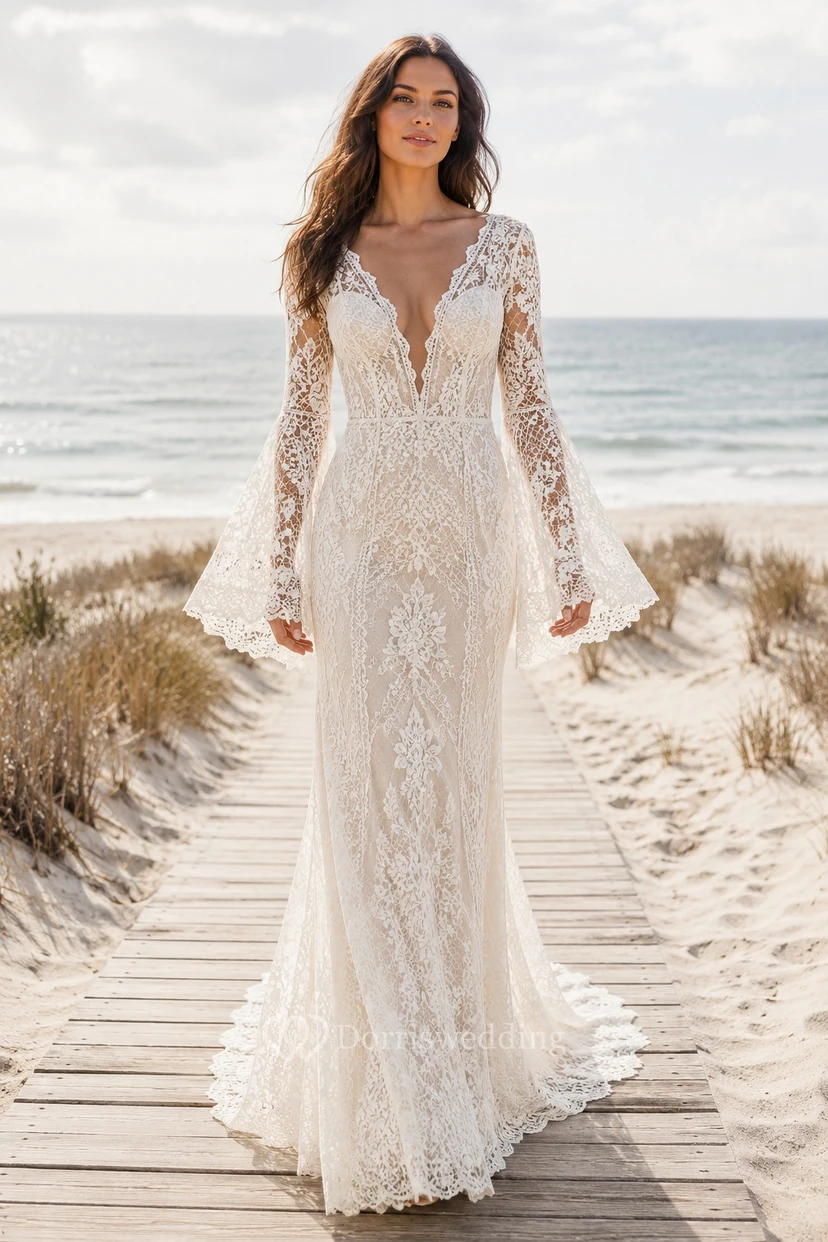 Robe de mariée bohème en dentelle à col en V et manches cloche
