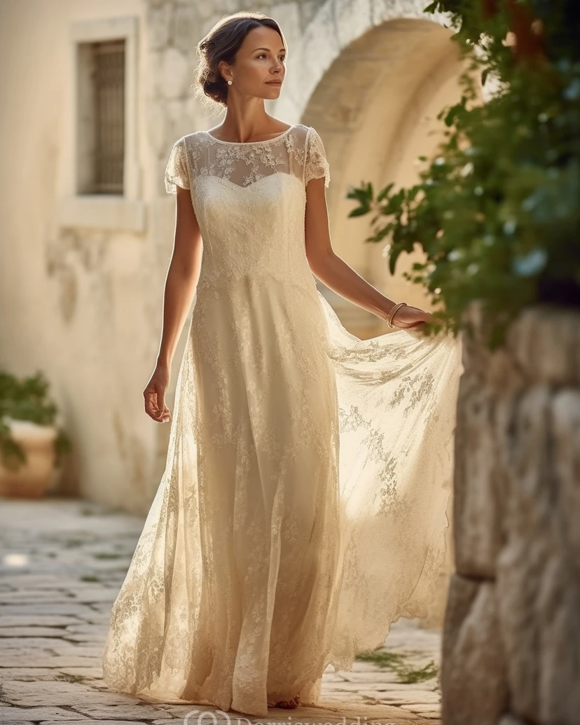 Vintage-Hochzeitskleid aus Spitze mit kurzen Ärmeln, fließendem Schnitt und lässigem Design