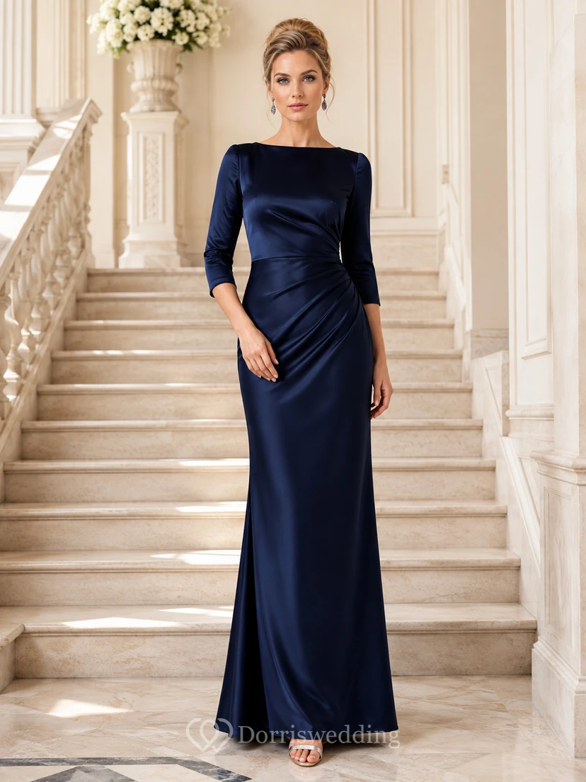 Dark Navy Bateau Three-Quarter-Sleeve Ruched Satin Modest Sheath Mother Gown