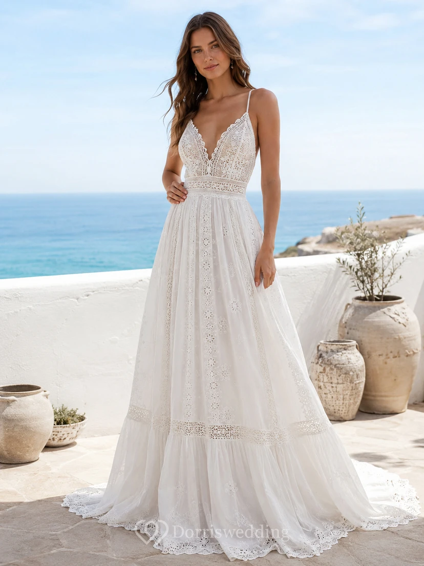 Boho Adlib A Line Spaghetti Deep V Lace Train Wedding Dress