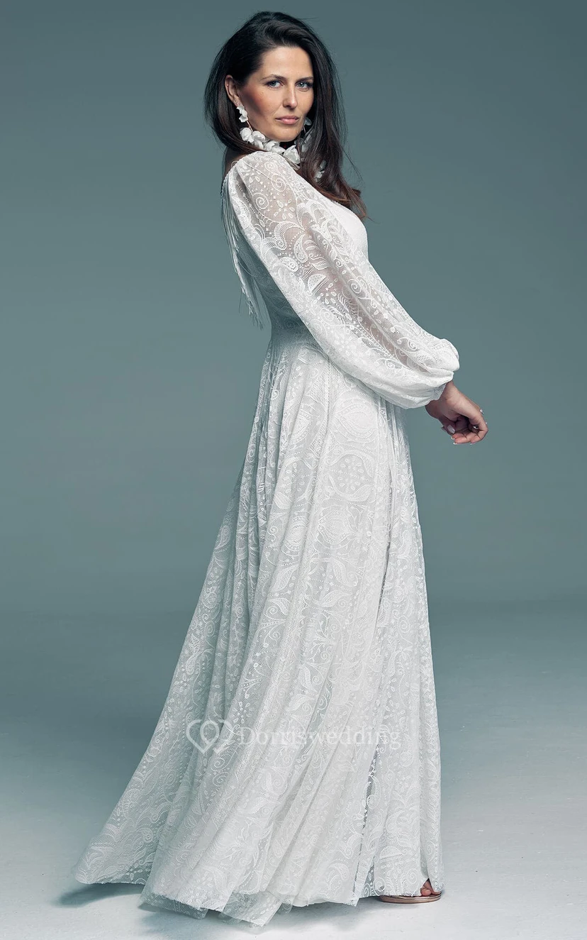 Flowy Chiffon Elegant Puff Long Sleeve Empire Plus Size V Back Modest Wedding Dress view 3