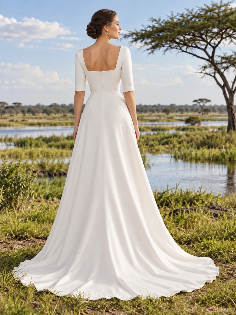 Vestido de novia sencillo de satén con escote corazón, manga corta y corpiño liso. view 2