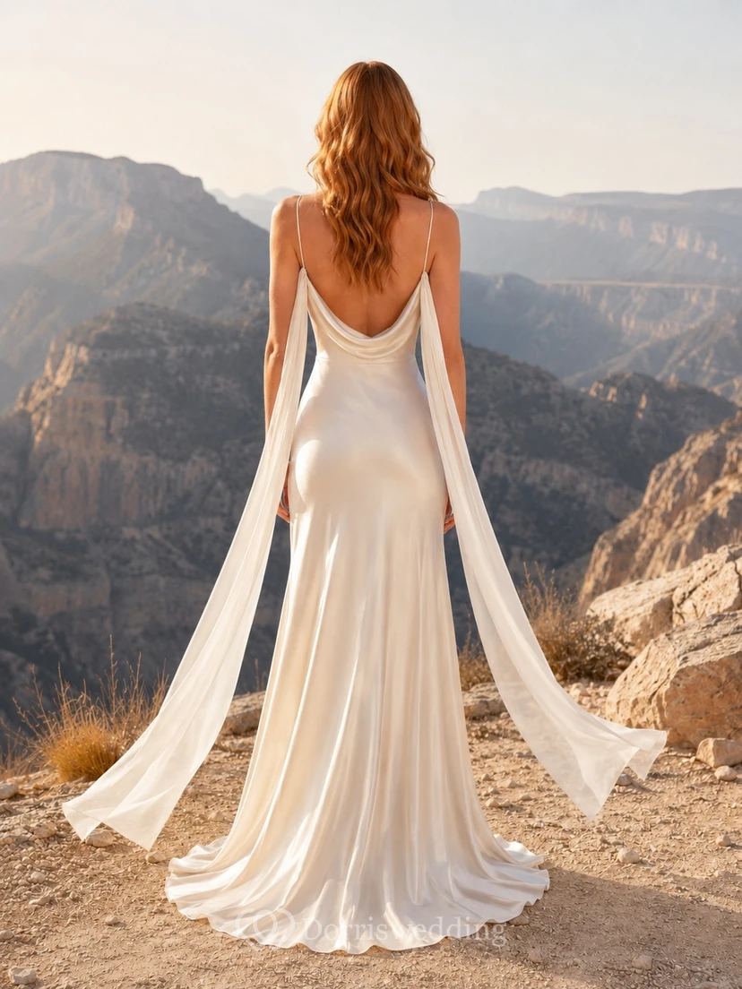 Satin-Etui-Kleid mit Wasserfallausschnitt, ärmellos, mit Schlitz und Schärpe – sexy Kleid für eine romantische Berghochzeit view 2
