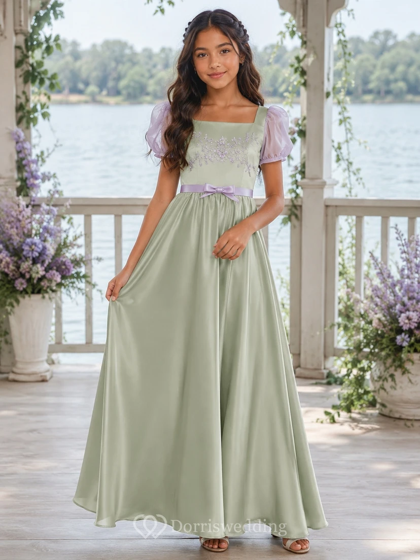 Celadonfarbenes Brautjungfernkleid für junge Damen, A-Linie, eckiger Schnitt, kurze Puffärmel, Schärpe/Band, elegant, romantisch