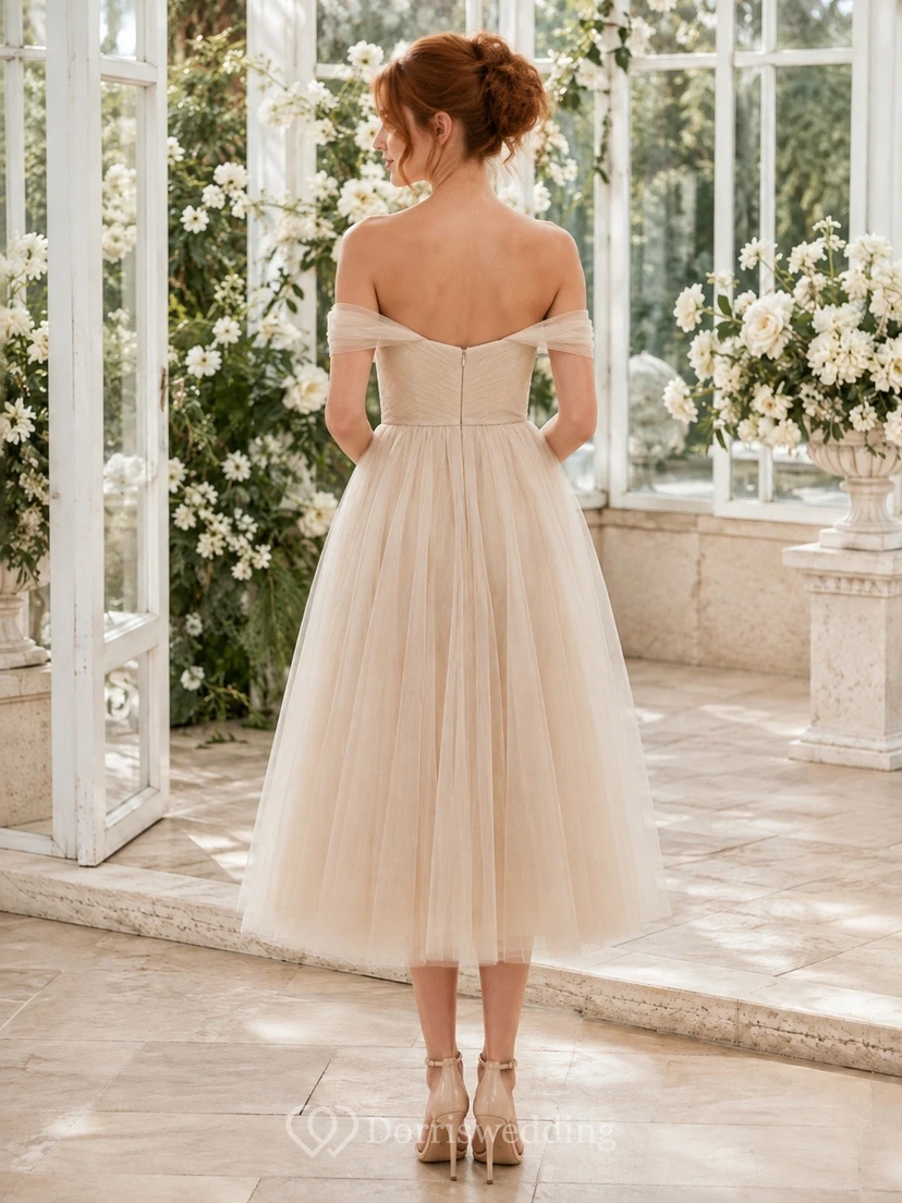 Champagne Off-the-Shoulder Short Sleeve Tulle A-Line Midi Dress view 2