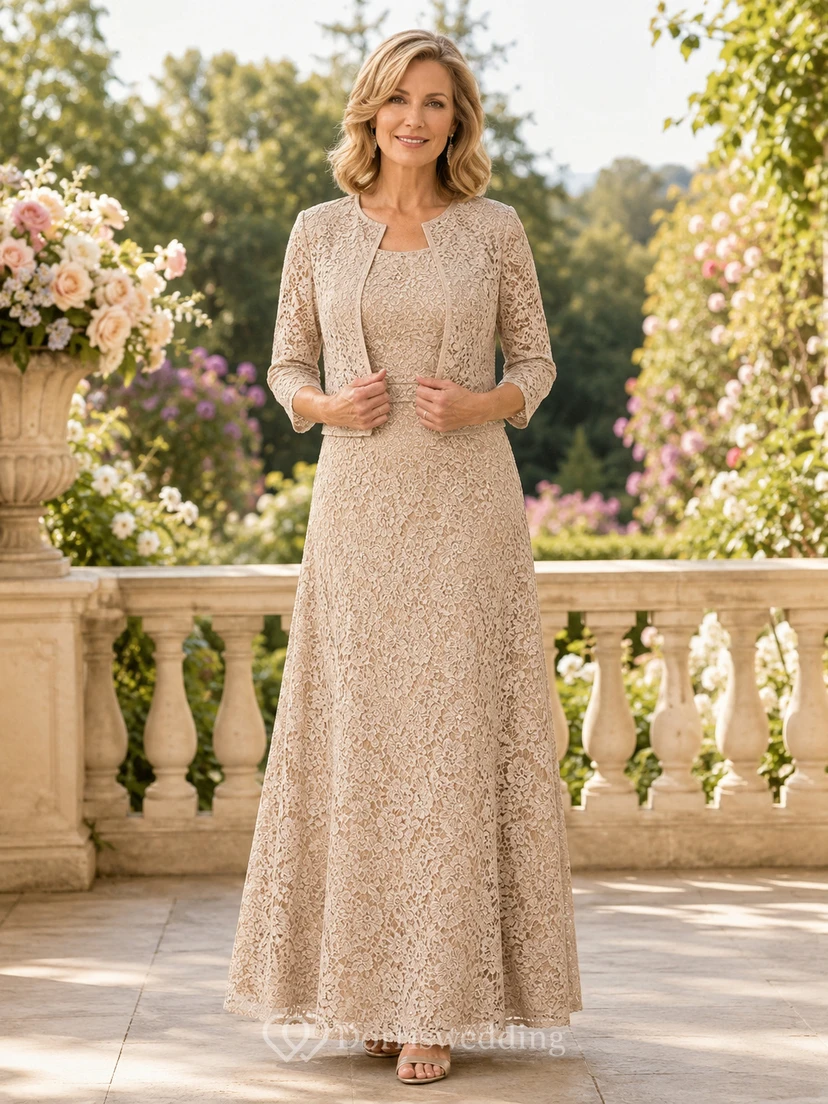 Champagne Modest Lace A-Line Floor-Length Mother of the Bride Dress with Three-Quarter Bolero Jacket