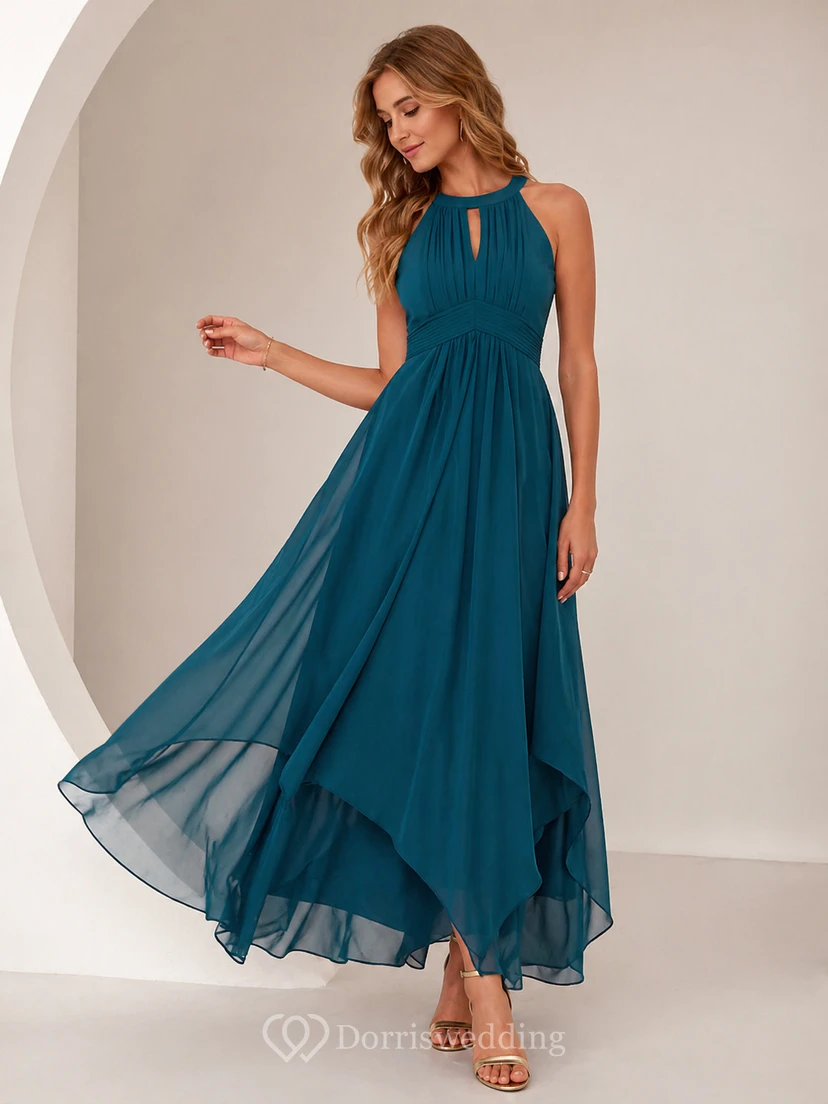 Elegant Burgundy Chiffon Halter Neck Evening Gown with Flowing High-Low Hem view 8