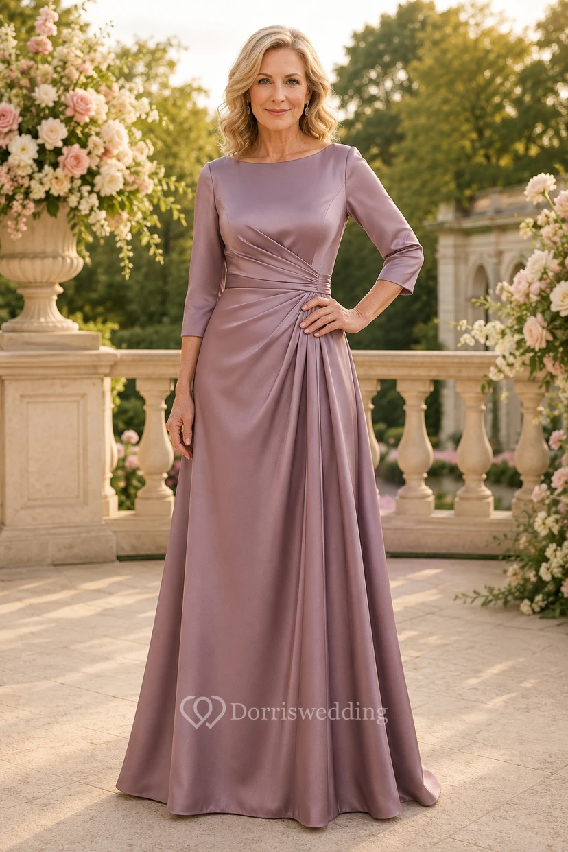 Mauvefarbenes A-Linien-Kleid aus Satin mit Dreiviertelärmeln