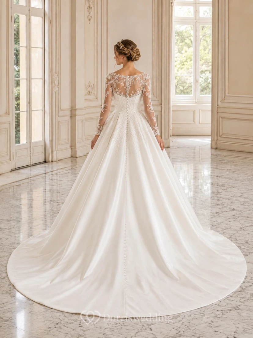 Vestido de novia elegante de satén con escote cuadrado, manga larga y cola catedral. view 2