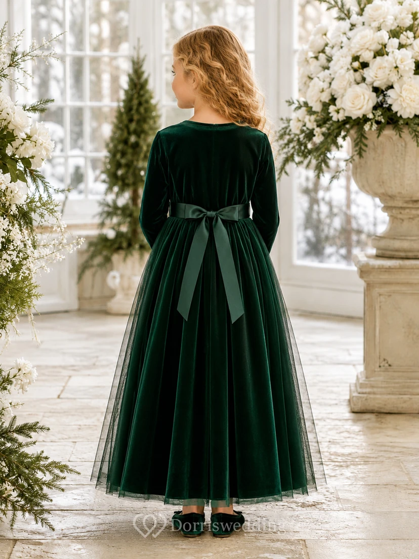 Blumenmädchenkleid, dunkelgrüner Samttüll, A-Linie, lange Ärmel, Rundhalsausschnitt, Teelänge, Schärpendetails view 2