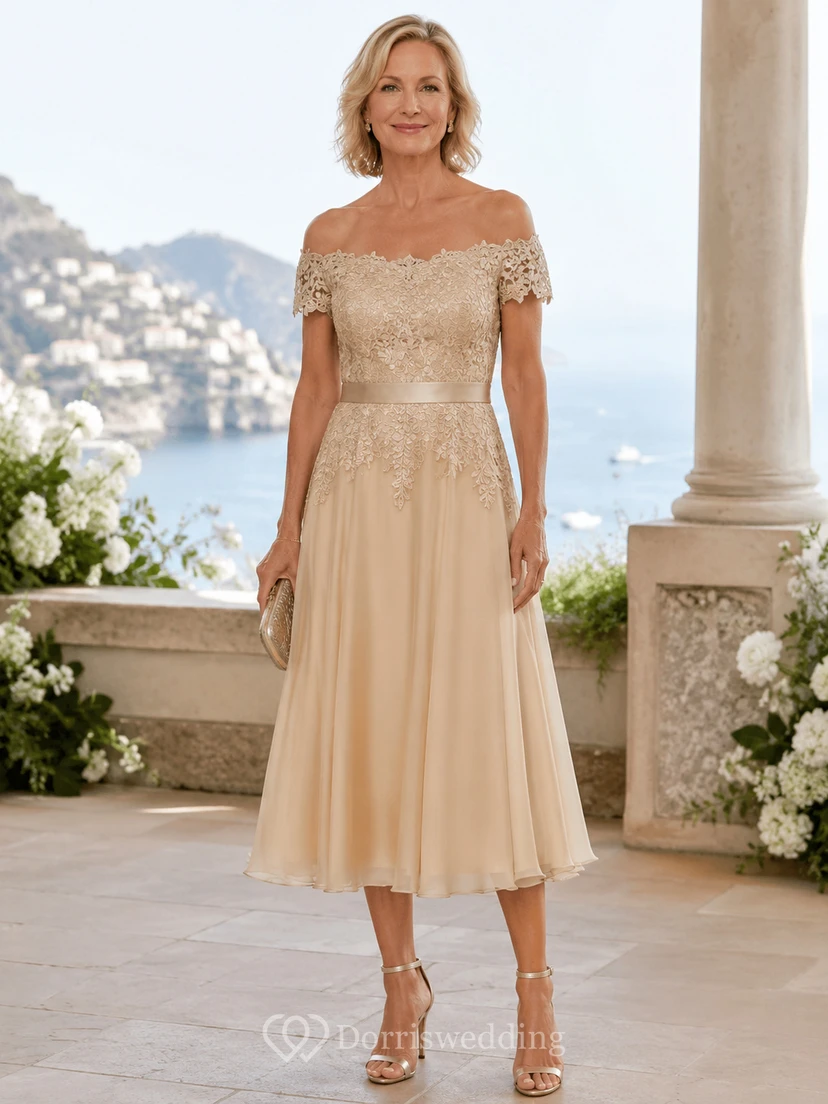 Champagne Off-the-Shoulder Lace Tea-Length Mother of the Bride Dress