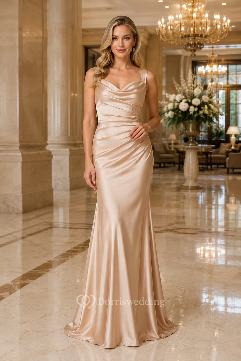 Robe de demoiselle d'honneur fourreau en satin champagne à col bénitier, bretelles spaghetti et corsage froncé