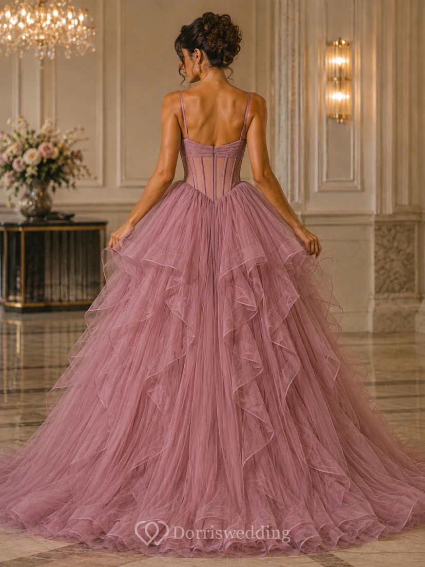 Tüll-Abendkleid in zartem Rosa, Spaghettiträger, bodenlanges Ballkleid mit Herzausschnitt, Stufen und Rüschen view 10