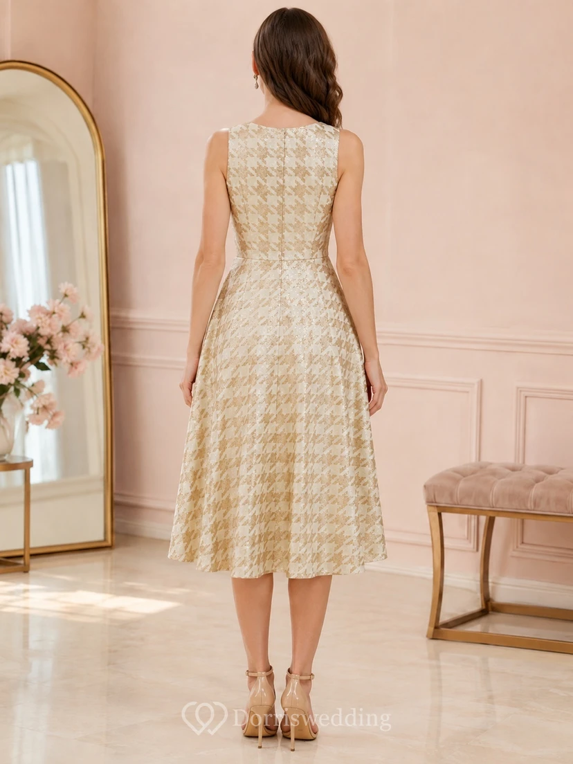 Robe de cocktail vintage champagne à col rond sans manches, sequins pied-de-poule, coupe trapèze, longueur thé view 2
