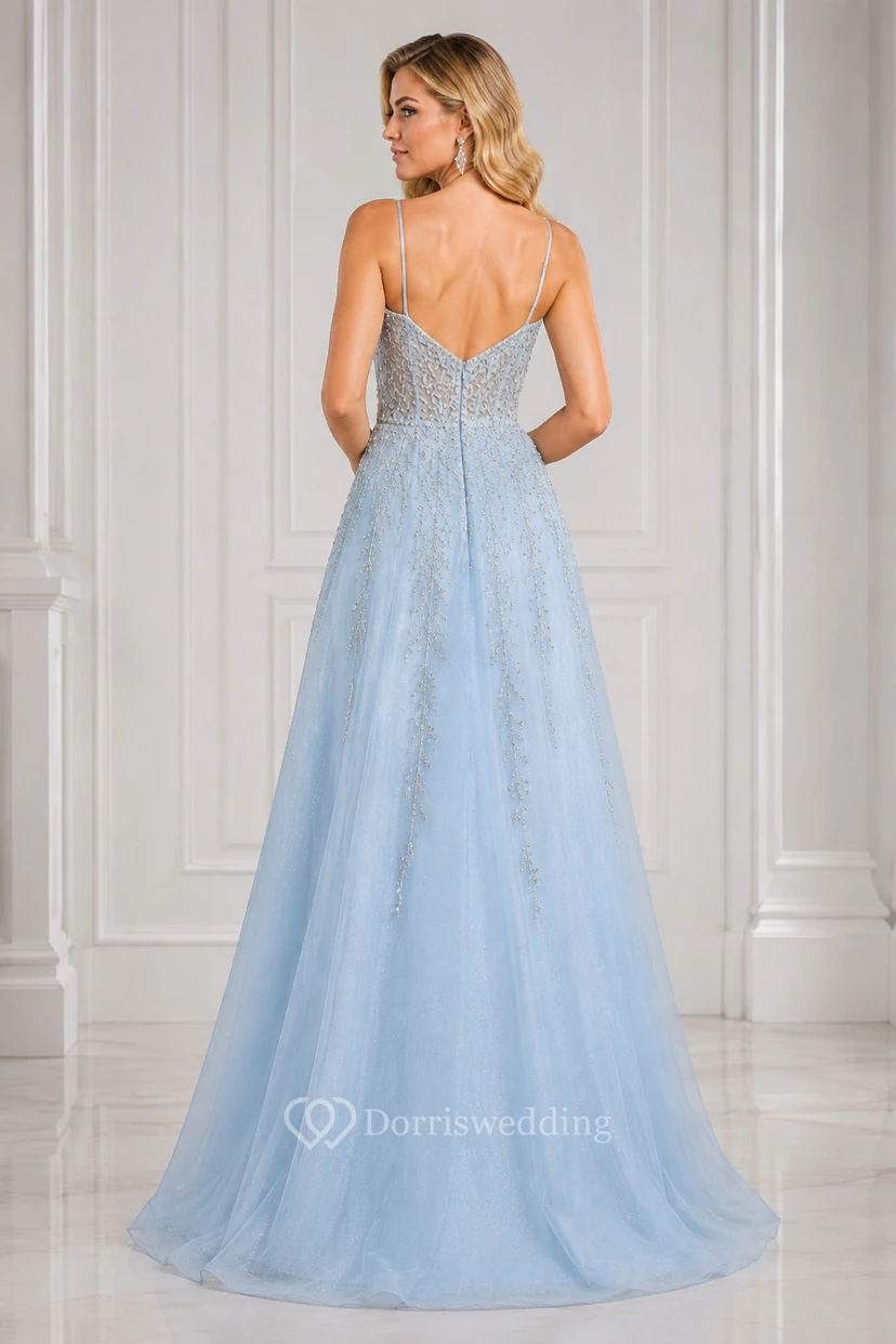 Himmelblaues A-Linien-Abendkleid aus Tüll mit Spaghettiträgern und perlenbesetztem Oberteil view 2