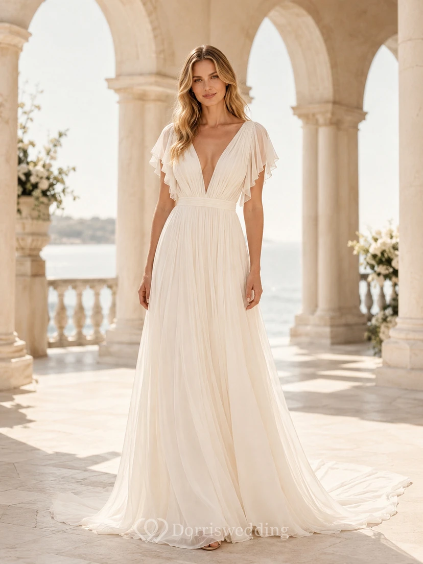 Robe de mariée en mousseline drapée à col en V, manches courtes, coupe trapèze, traîne simple, en mousseline drapée.