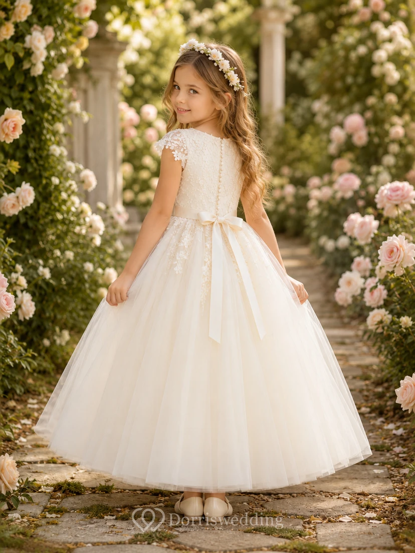 Blumenmädchenkleid, elfenbeinfarbenes Ballkleid aus Spitze und Tüll, kurze Ärmel, Rundhalsausschnitt, Teelänge, Schleifendetail view 2