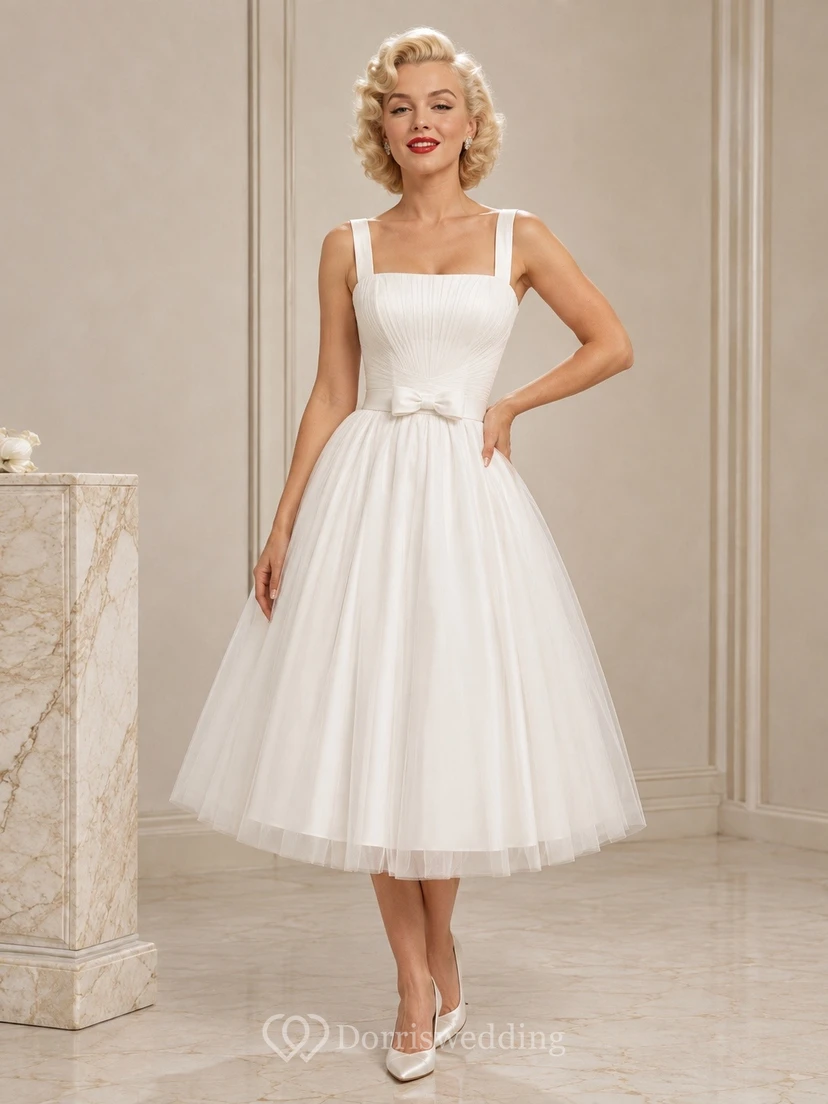 White Square Neck Sleeveless Sash Tulle Tea-Length A-Line Dress