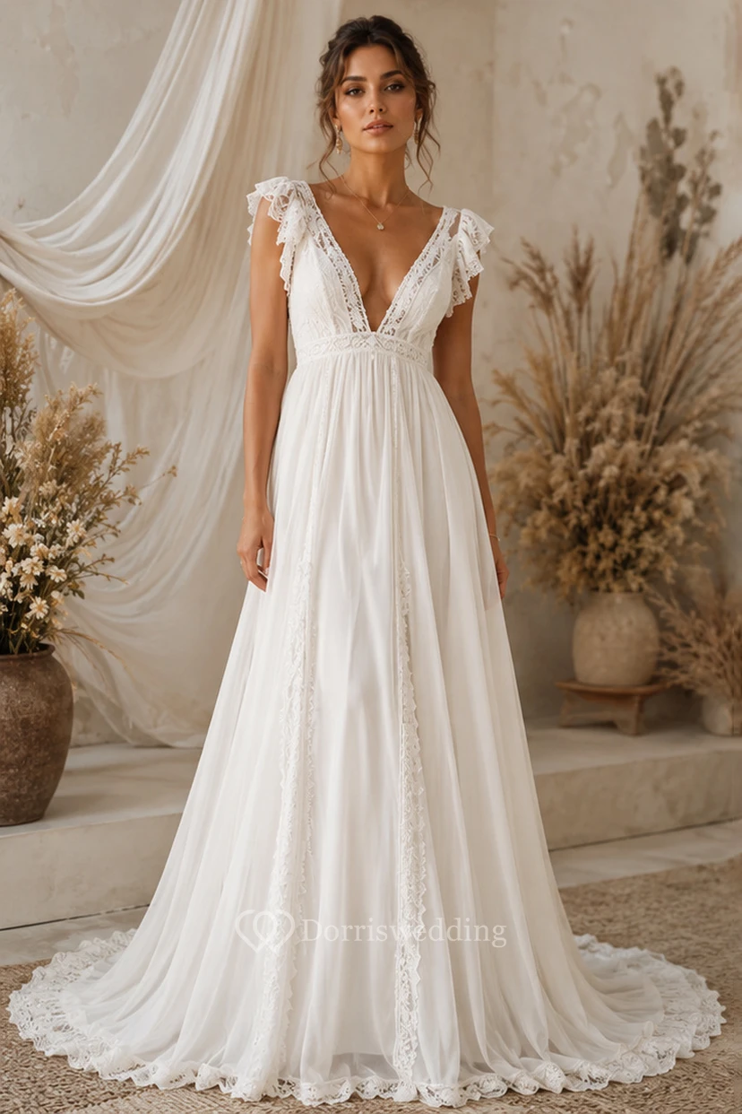 Boho Lace Wedding Dress with Tie Shoulder Straps, Plunging V-Neck & Empire A-Line Chiffon Skirt