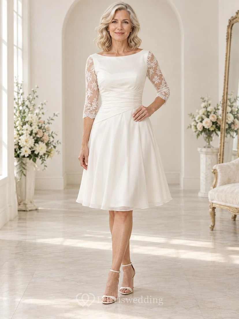 Modest Knee Length Wedding A-Line Chiffon Dress for Older Brides with Bateau and Lace Sleeves