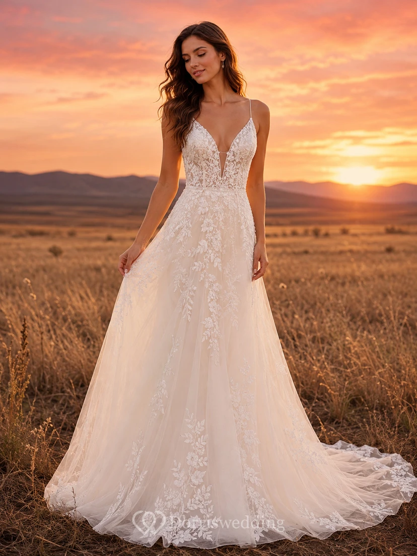 Robe de mariée champêtre en tulle, coupe trapèze, bretelles spaghetti et traîne chapelle