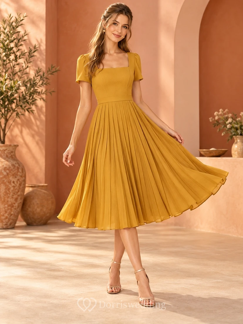 Gold Square Neck Short Sleeve Pleated Tea-length Guest Dress